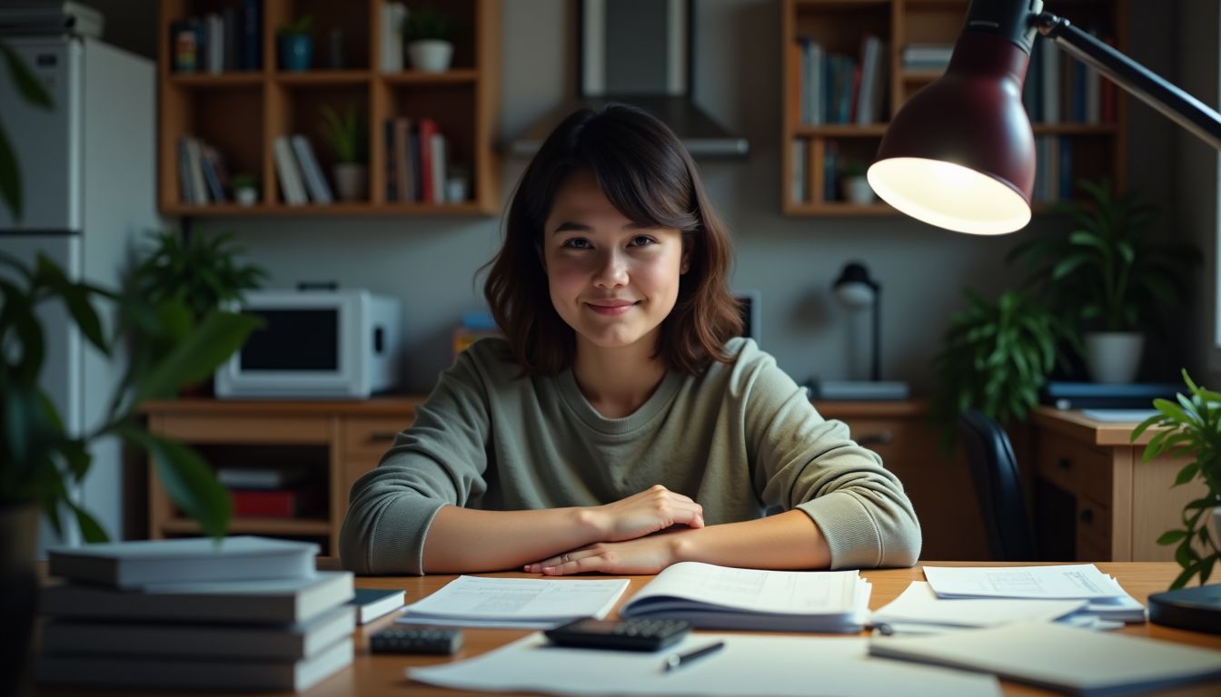 A young adult organizes bills and budgeting spreadsheets at a cluttered desk.