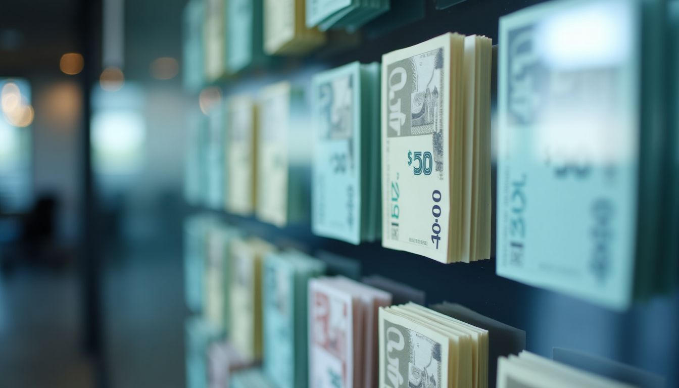 A modern bank office with well-organized display of financial products.