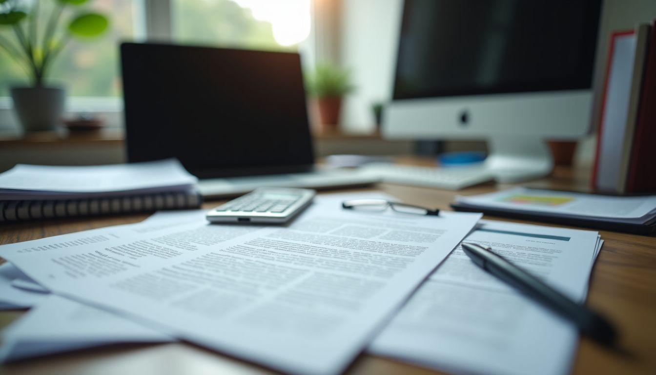 A cluttered office desk with insurance policy documents and office supplies.