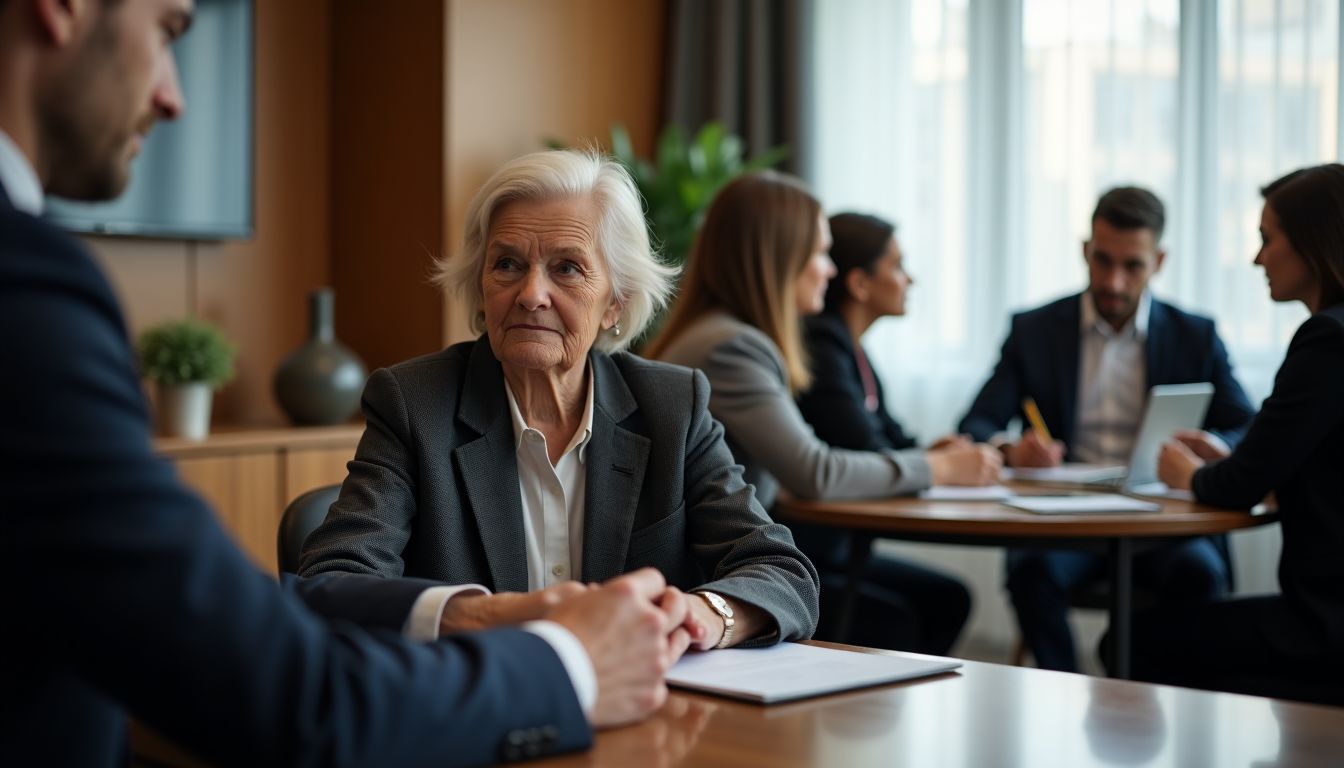 Elderly woman meeting with financial advisor in private bank office.