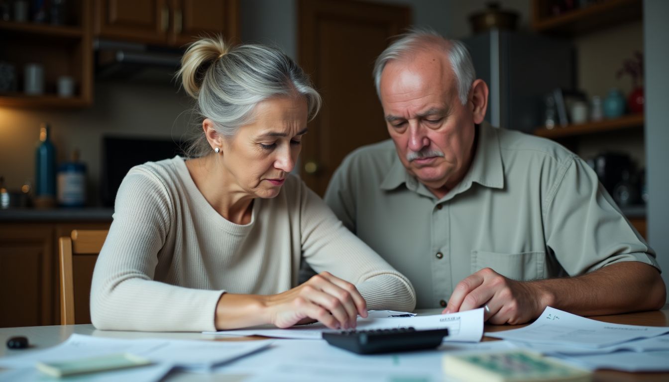 Elderly couple stressed about bills and financial situation at cluttered table.