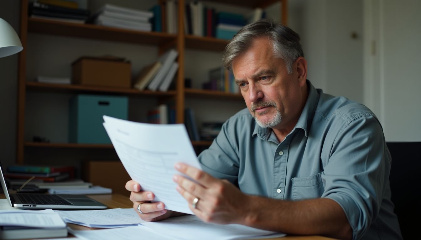 A man reviews investment portfolio, comparing index and active funds.