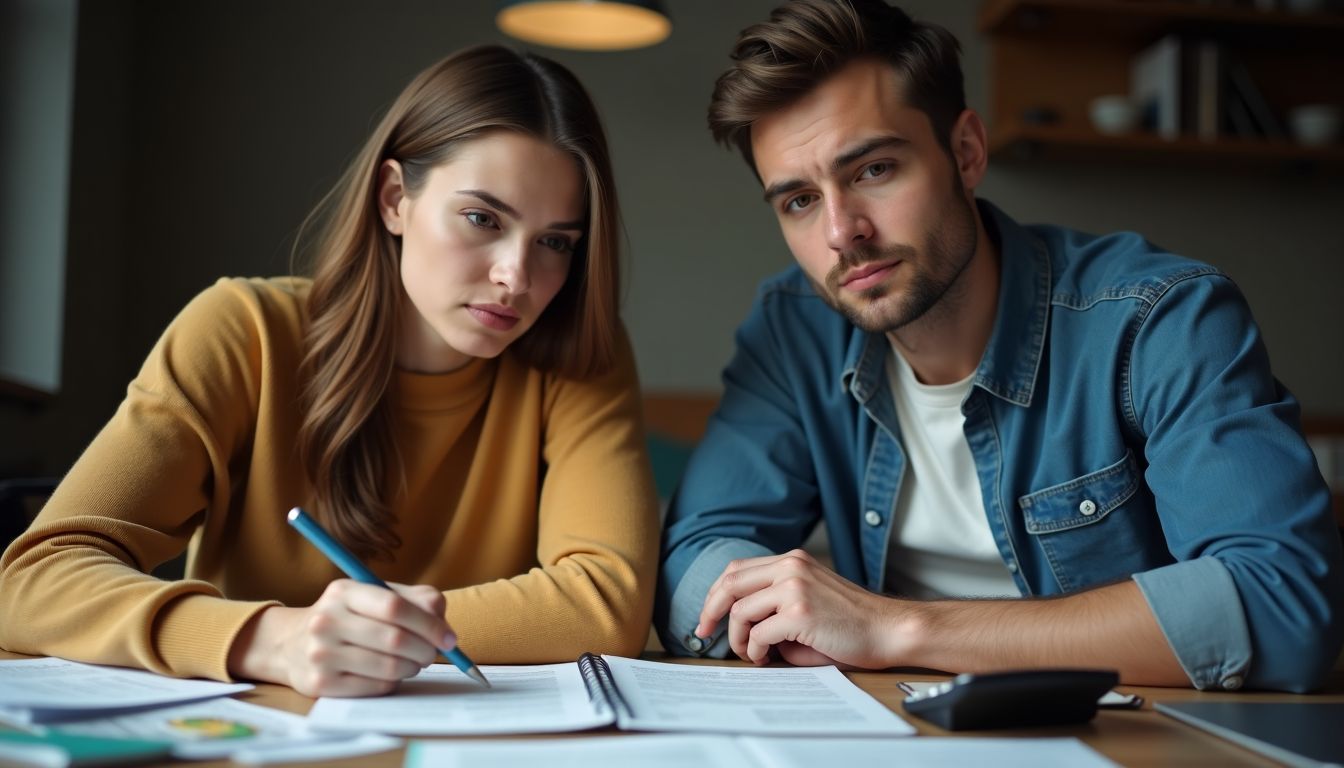 A young couple is stressed while managing their finances at home.