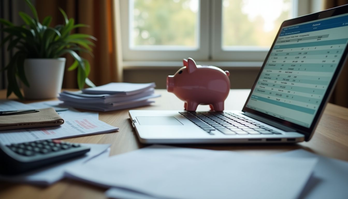 A cluttered desk with financial documents and piggy bank represents financial struggles.