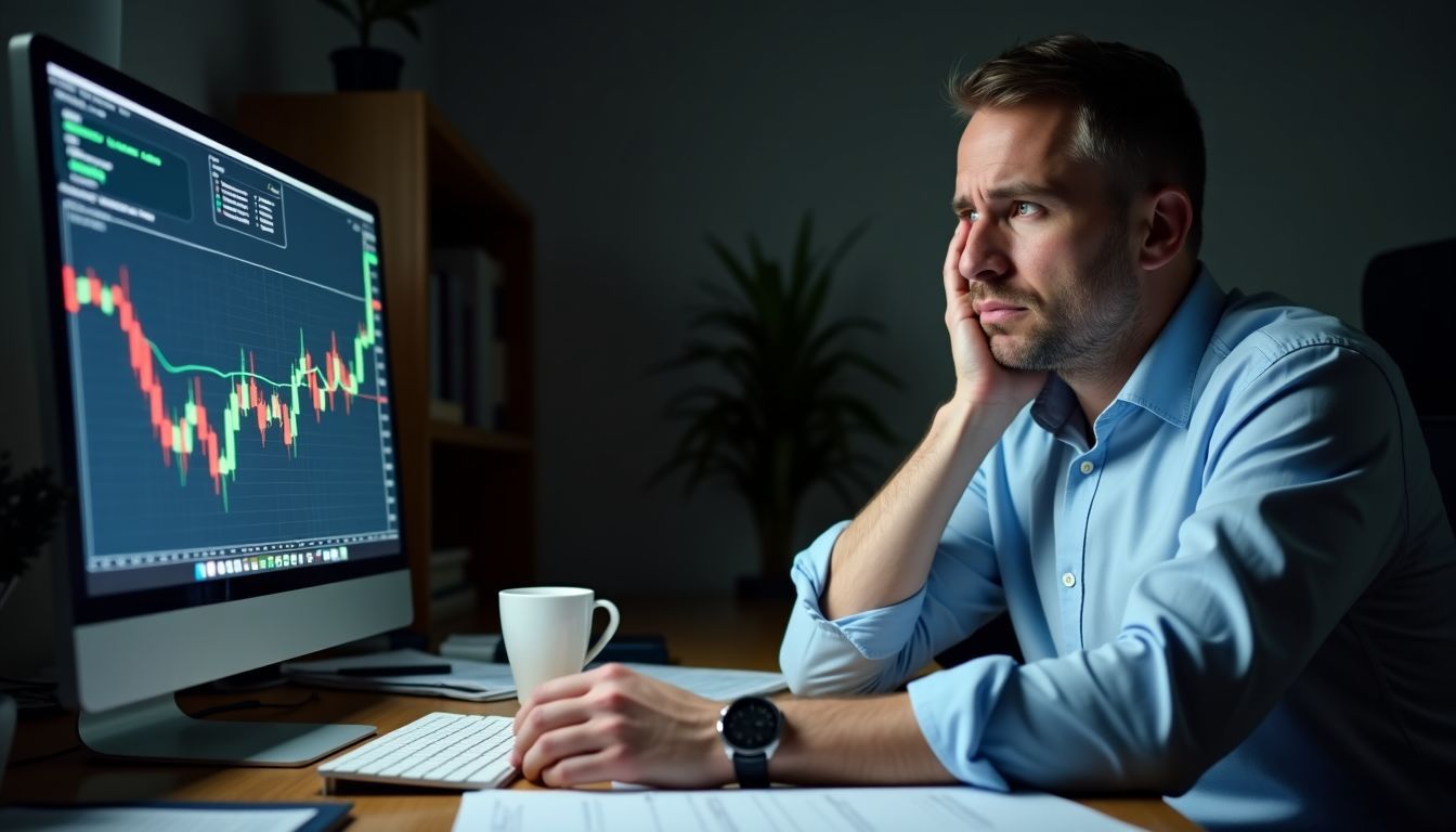 A man in his 40s looks concerned while checking stock market data.