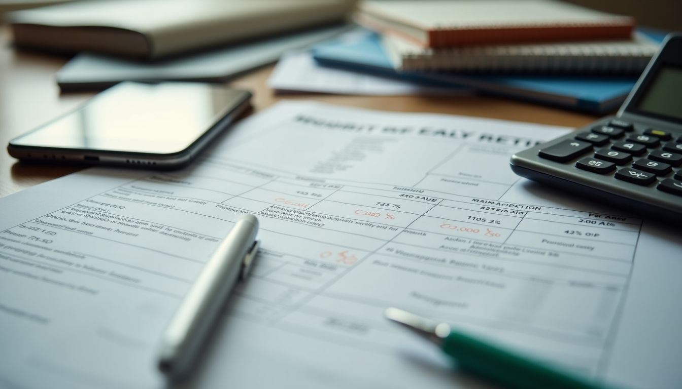 A cluttered desk with financial documents and investment guides for retirement planning.