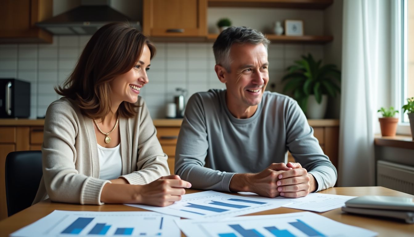 A couple discussing housing market trends at home.