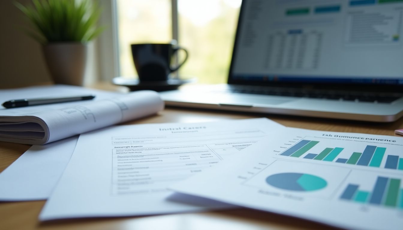 A cluttered office desk with financial documents and wealth management software.