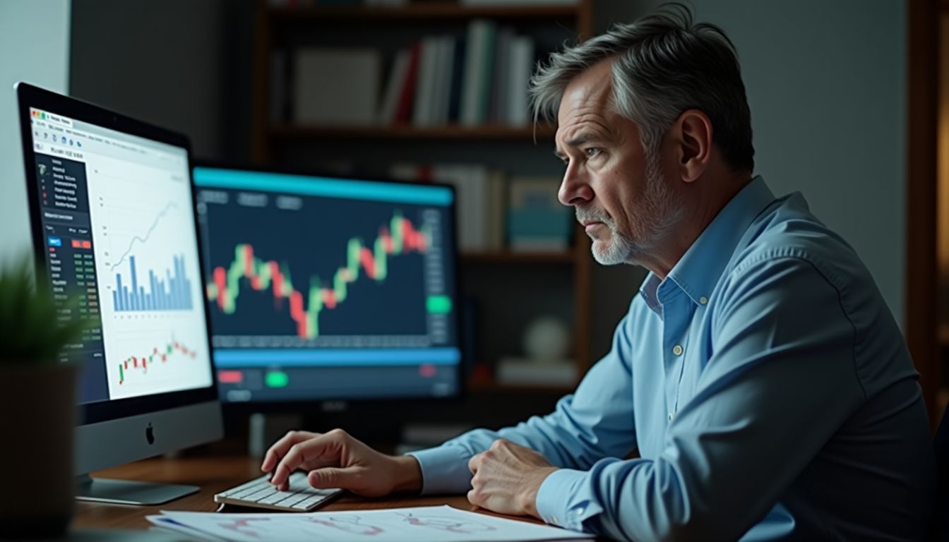 A middle-aged man is feeling anxious while managing investments at his desk.