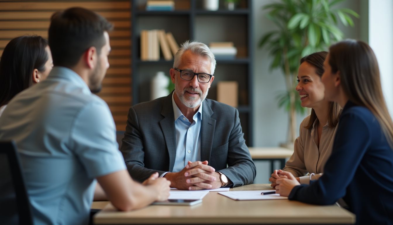 A financial advisor meets with diverse clients in a modern office.