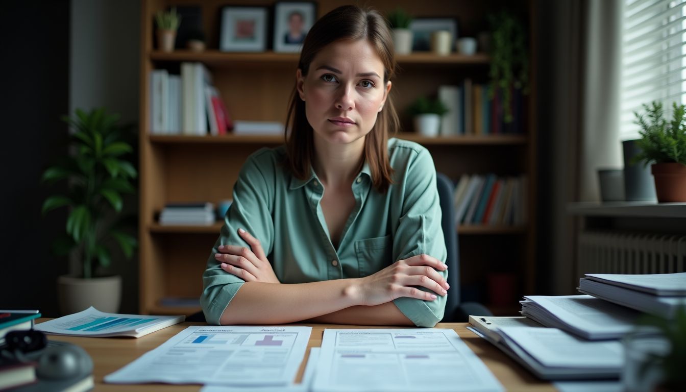 A woman evaluates the pros and cons of structured notes at her desk.