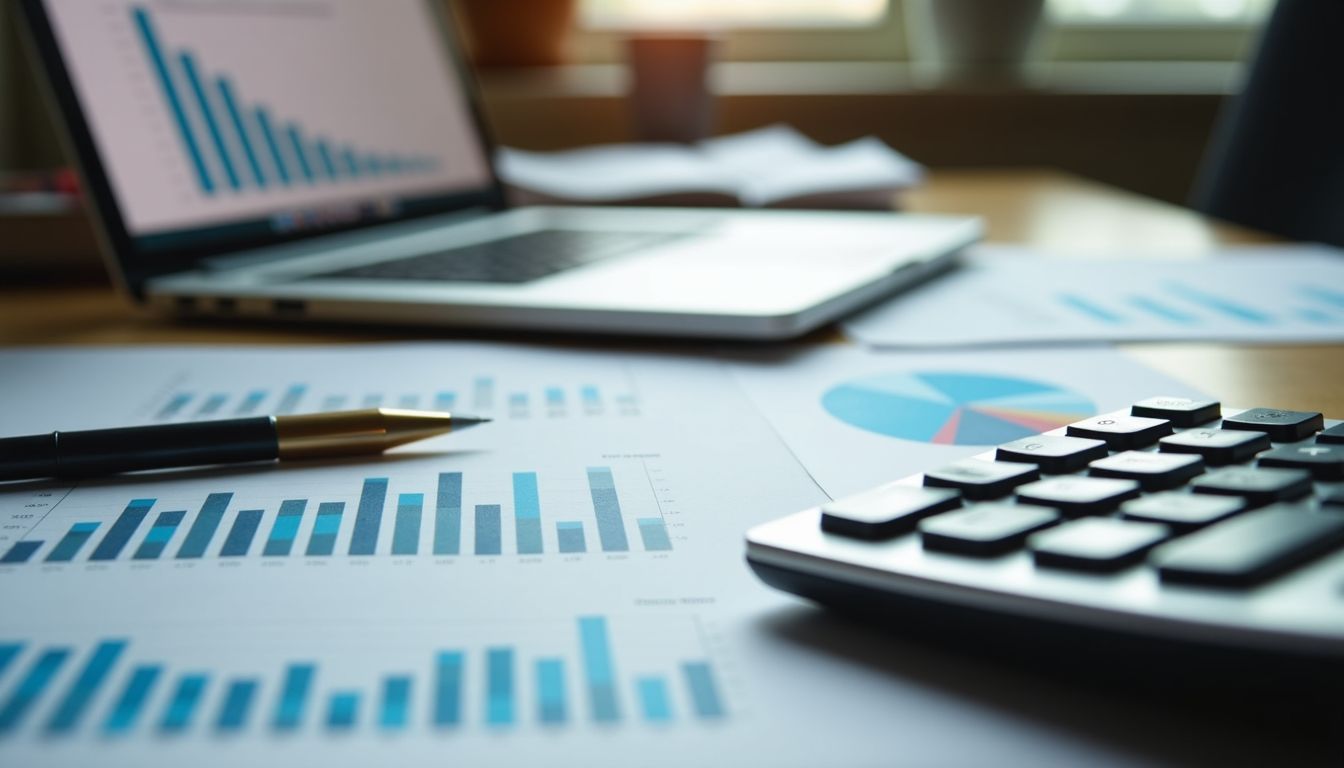 A cluttered office desk with financial documents, calculator, and investment charts.