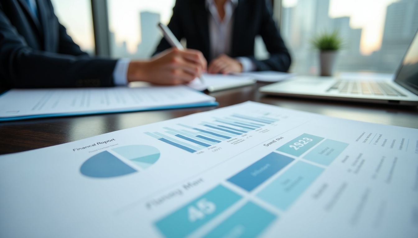 A person is working on a financial report at a desk.