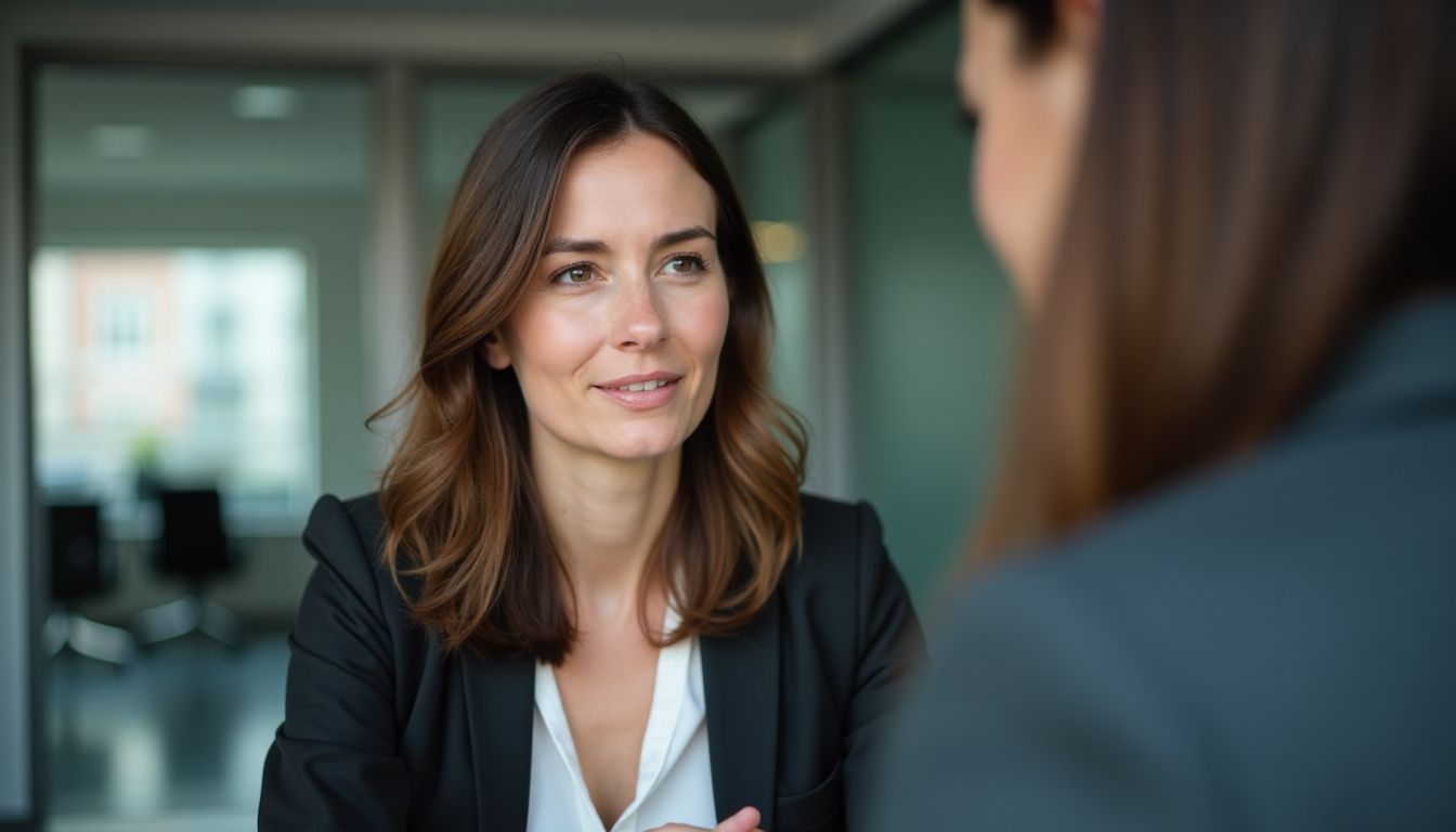 A woman negotiates salary and benefits in a modern office setting.