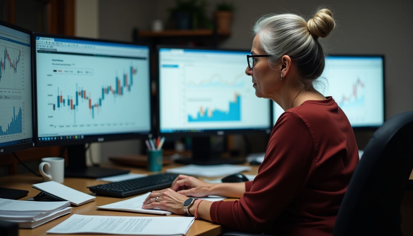 An older woman sits at a cluttered desk reviewing financial charts.