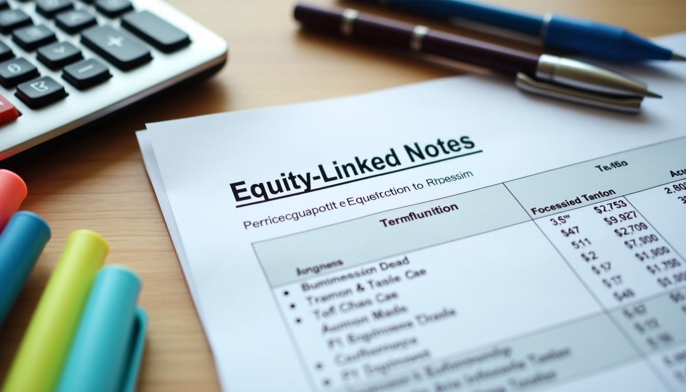 A detailed financial term sheet for equity-linked notes, along with highlighter pens and a calculator, is spread out on a desk.