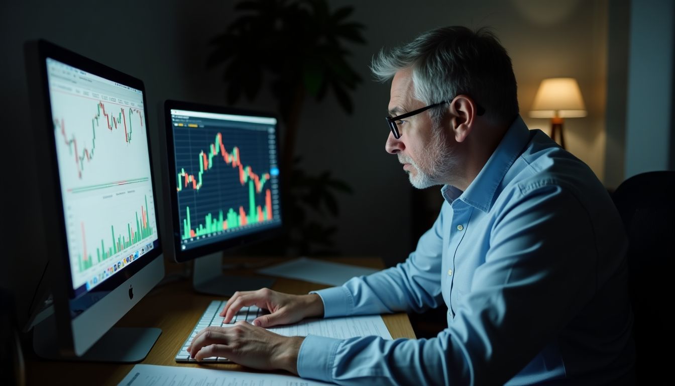 A person analyzing stock market data late at night with concern.