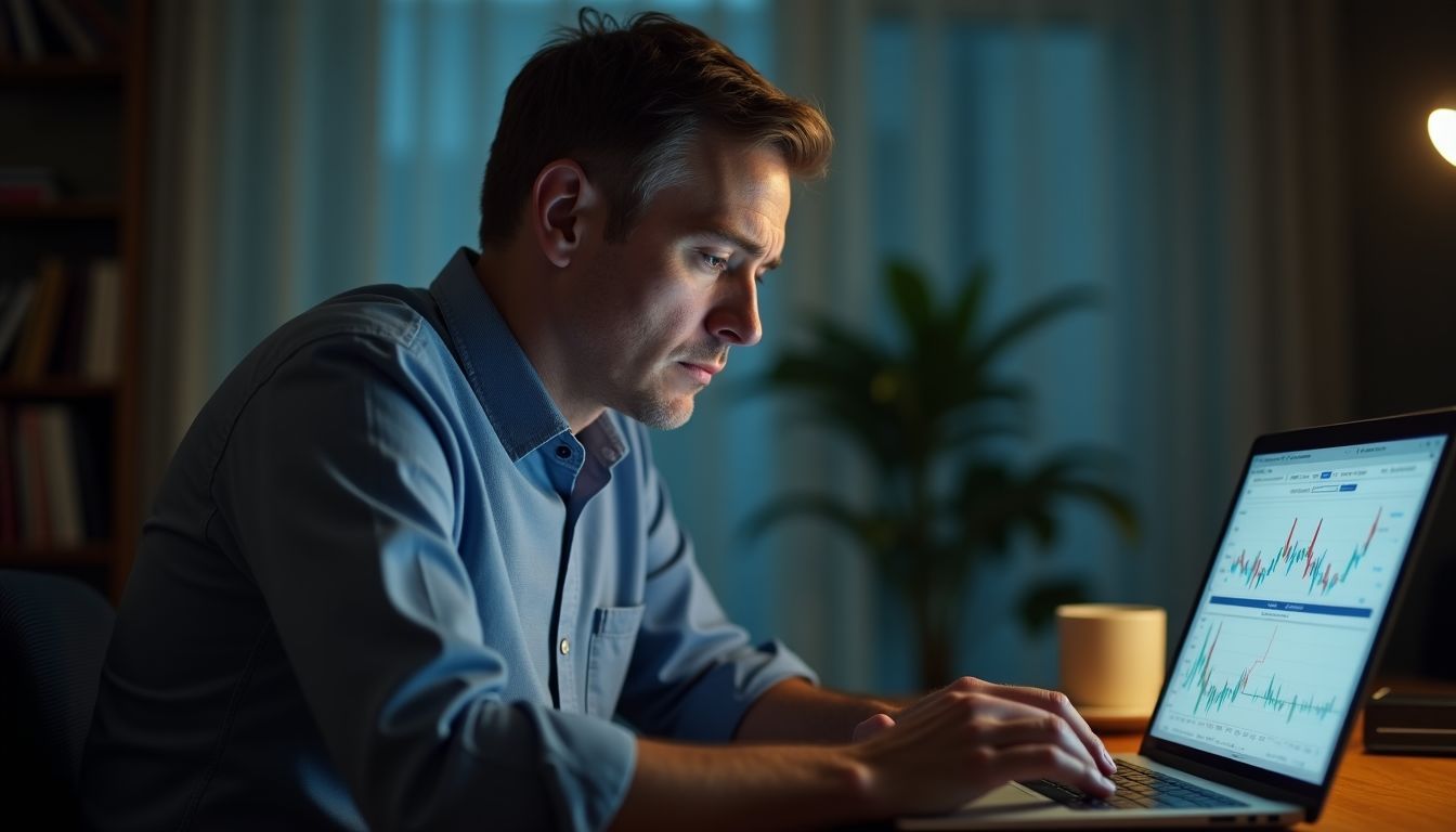 A man is analyzing financial charts on his laptop at home.