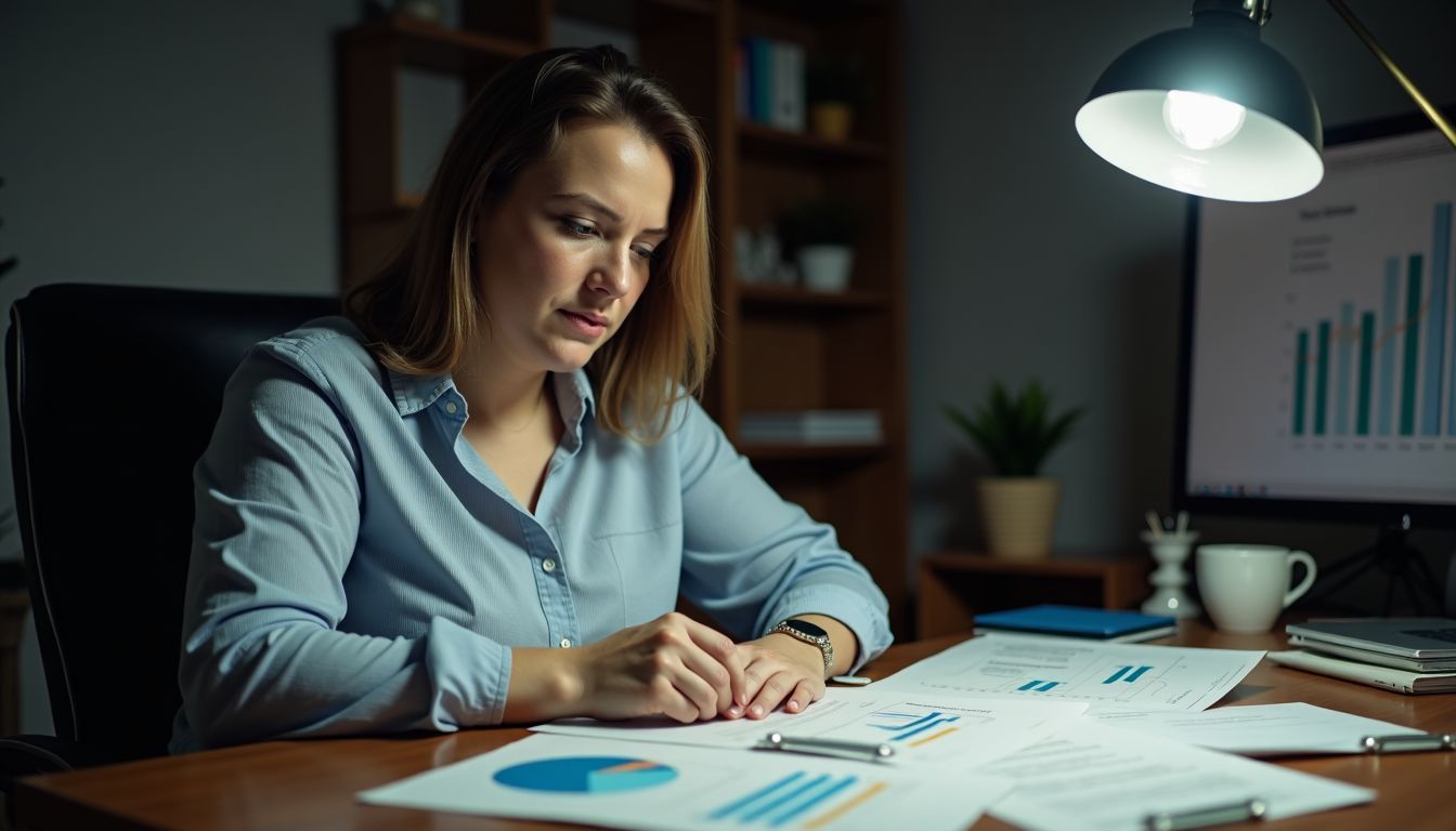 A woman in her 40s studying financial reports at a cluttered desk.