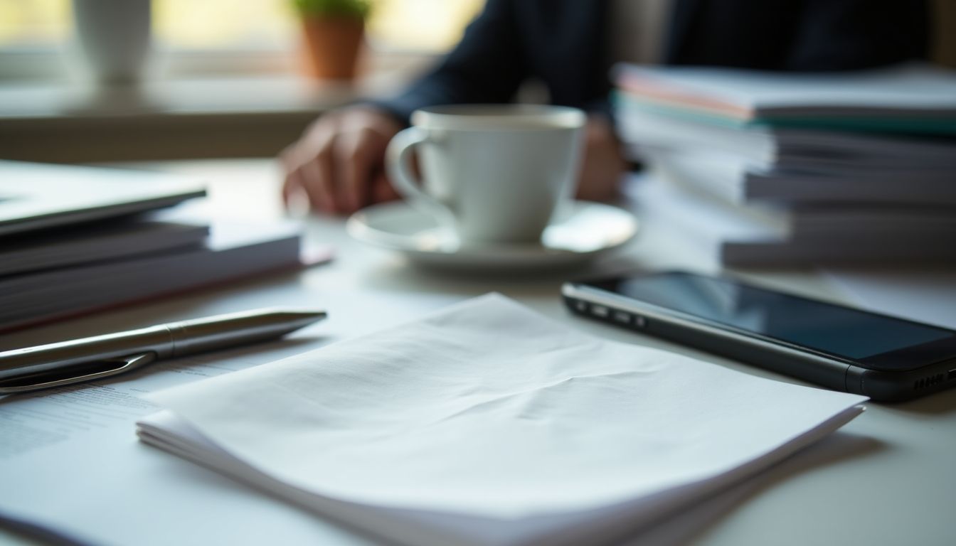 A crumpled note sits on a cluttered desk in a busy office.