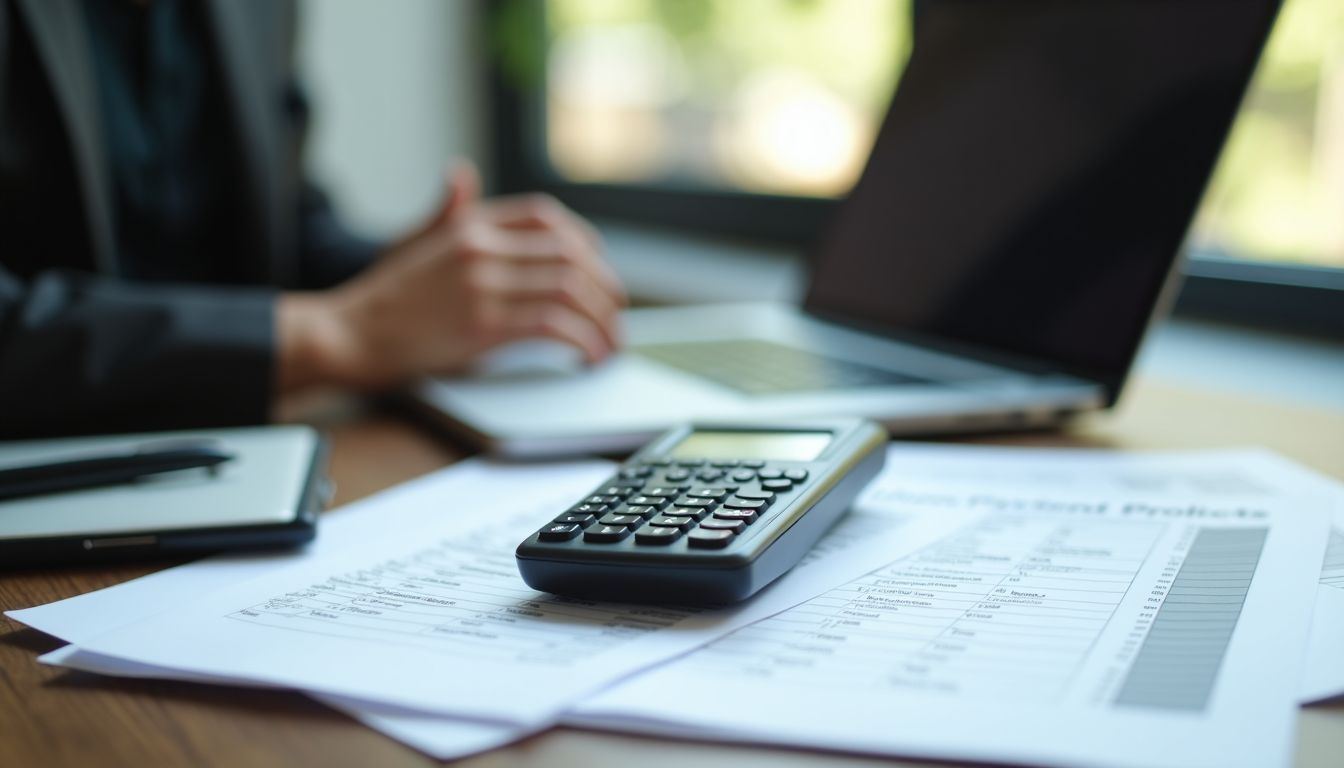 A cluttered office desk with financial documents and a laptop.