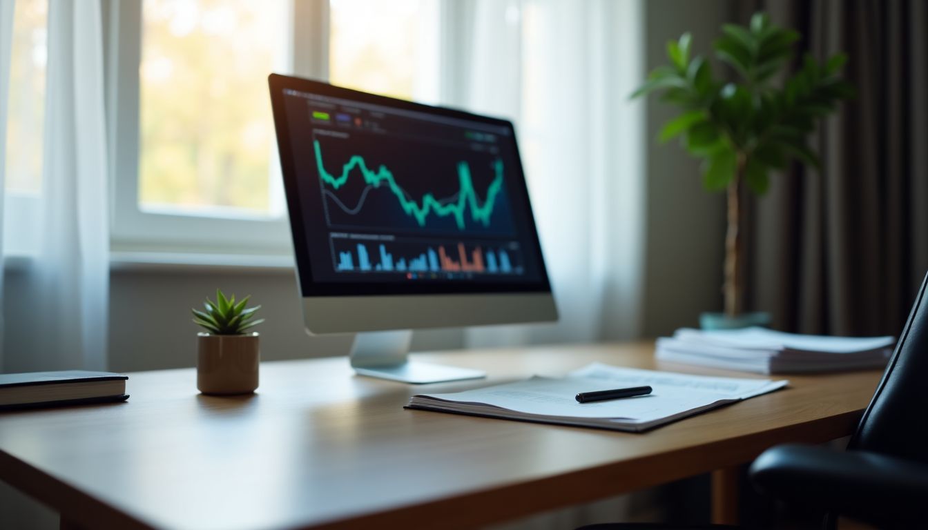 A modern office desk with computer and financial reports.