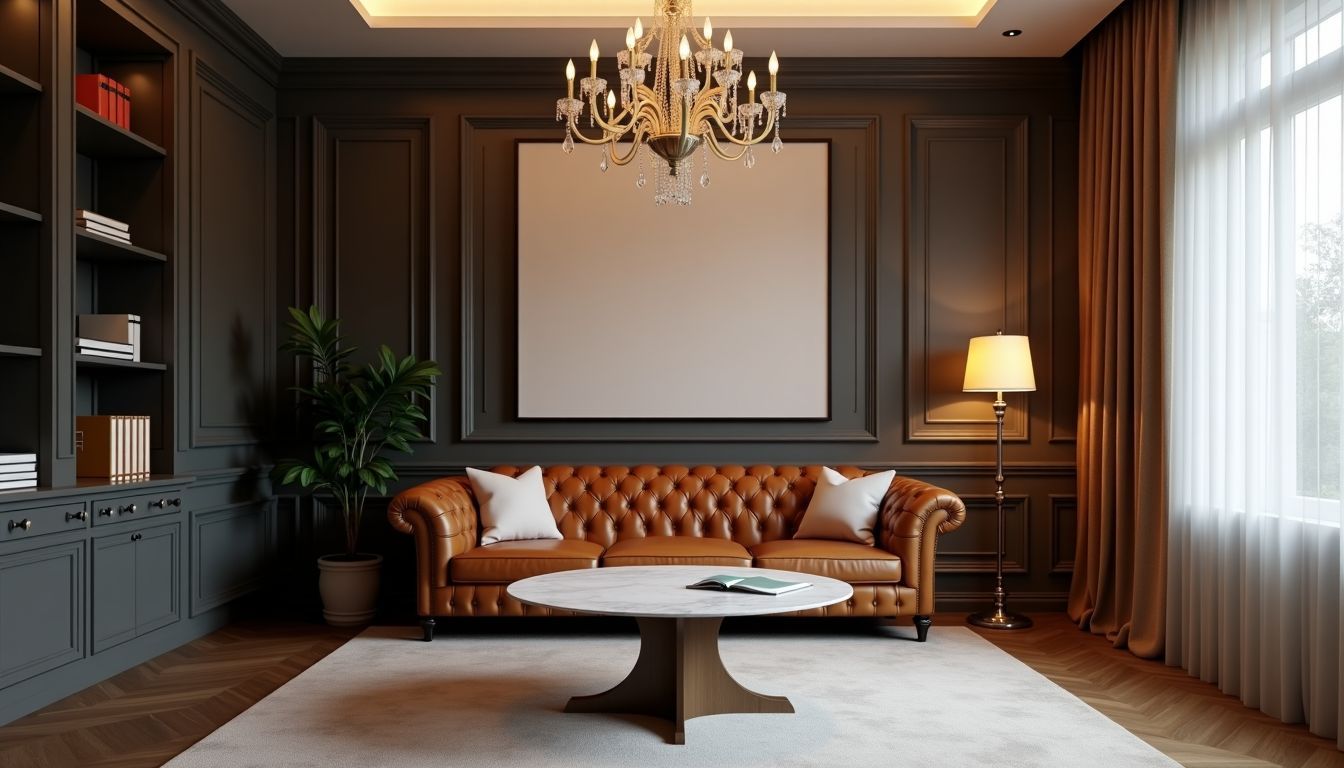 The image shows an elegant private banking office with luxurious decor.