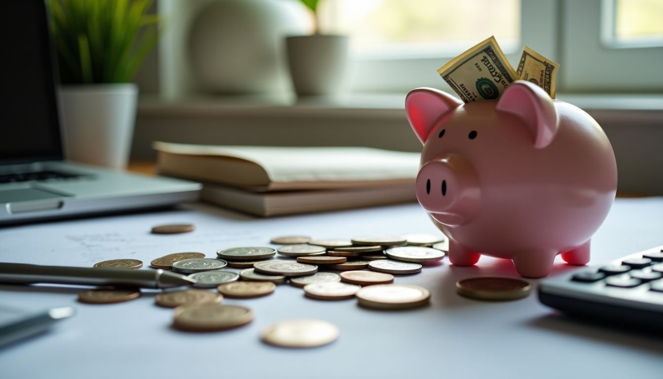 A piggy bank overflows with coins and bills on a cluttered desk.