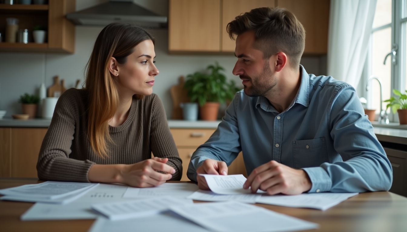 A couple discusses their financial goals at a cluttered kitchen table.