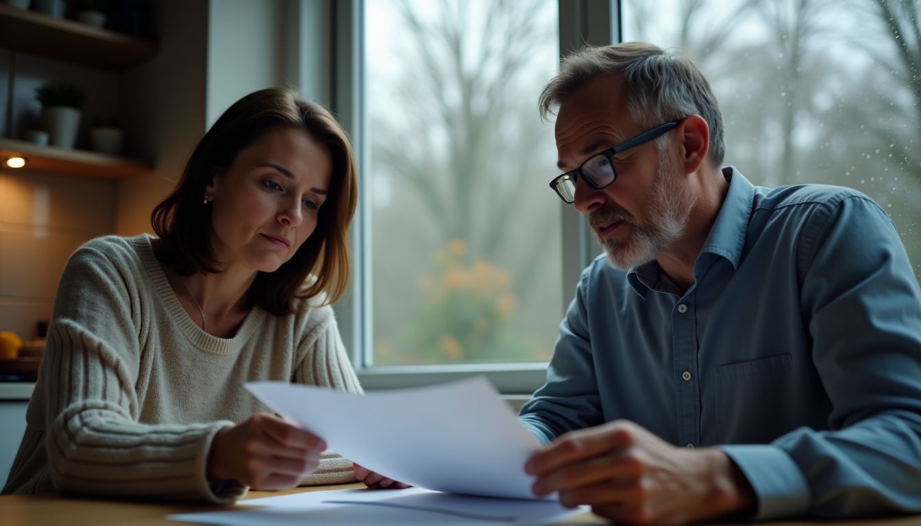 A couple in their 40s review financial documents at their kitchen table.