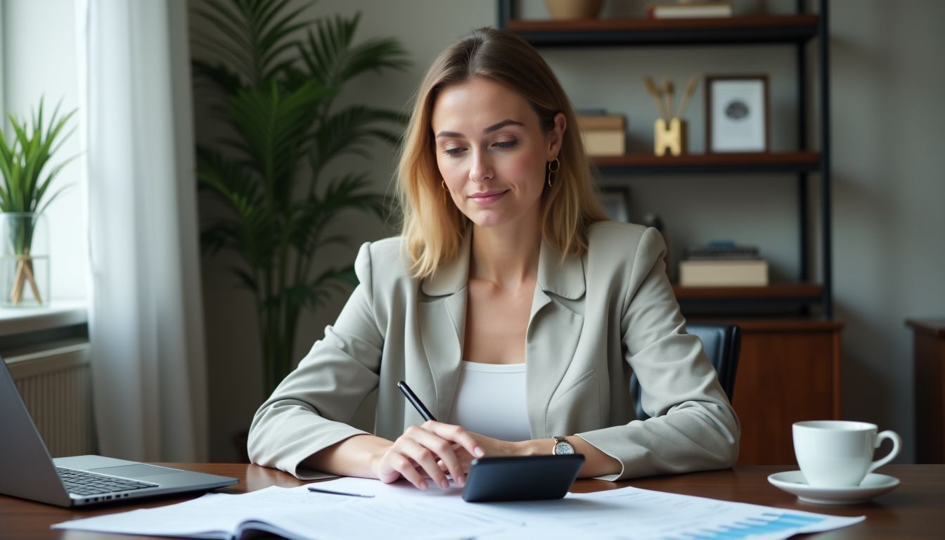 A woman researching investments at her home office desk.