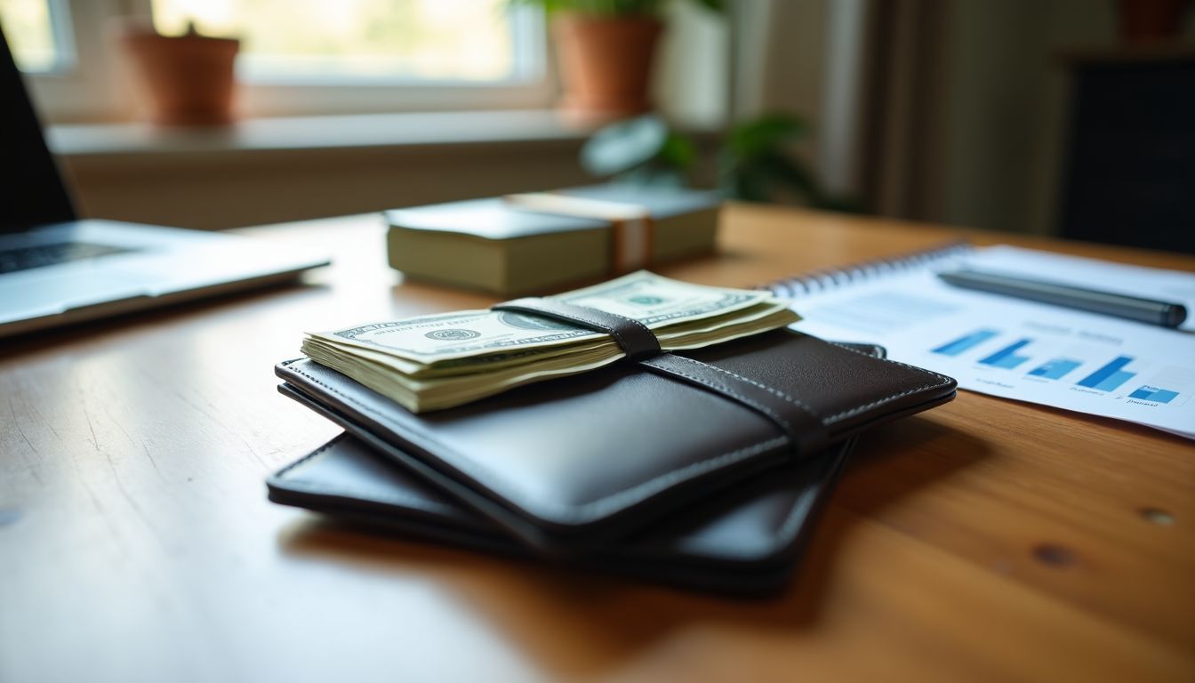 A wallet, savings, calculator, financial planner, and retirement chart on desk.