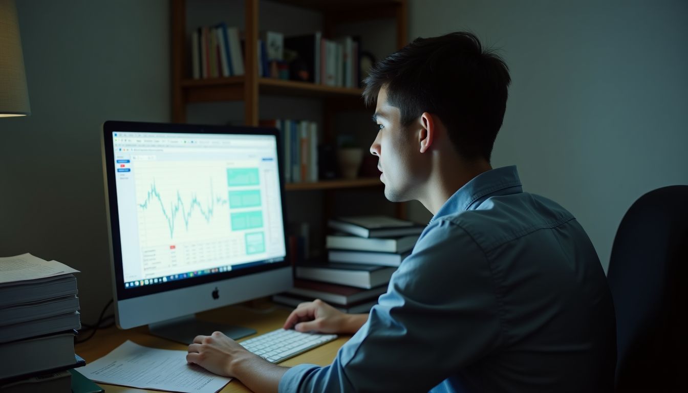 A young professional working at a cluttered home office desk with financial reports.