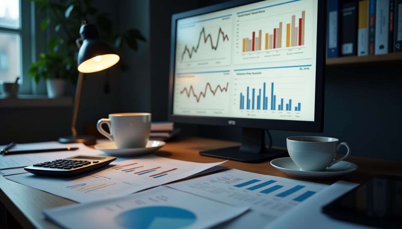 An analytical desk cluttered with financial documents and investment strategies.