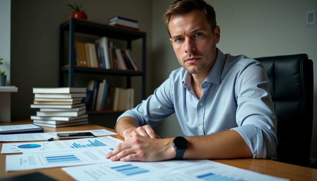 A man reviewing Equity-Linked Notes at his cluttered desk.