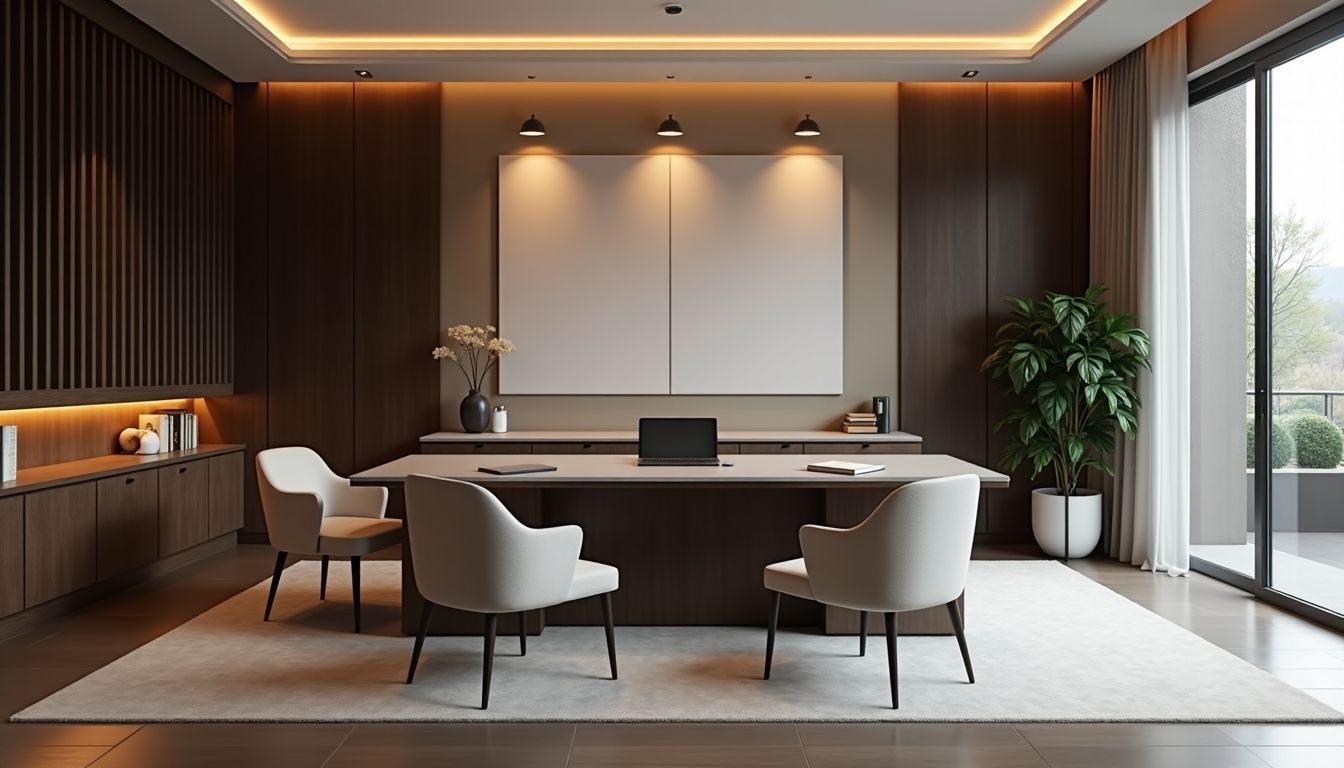 Stylish private banking office for wealthy clients with elegant decor.