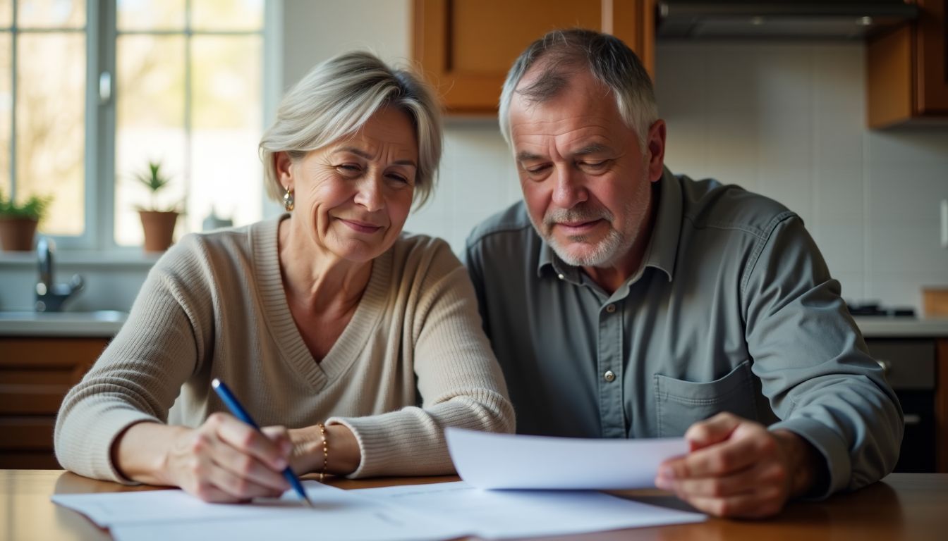 A couple reviews term insurance documents at their kitchen table.