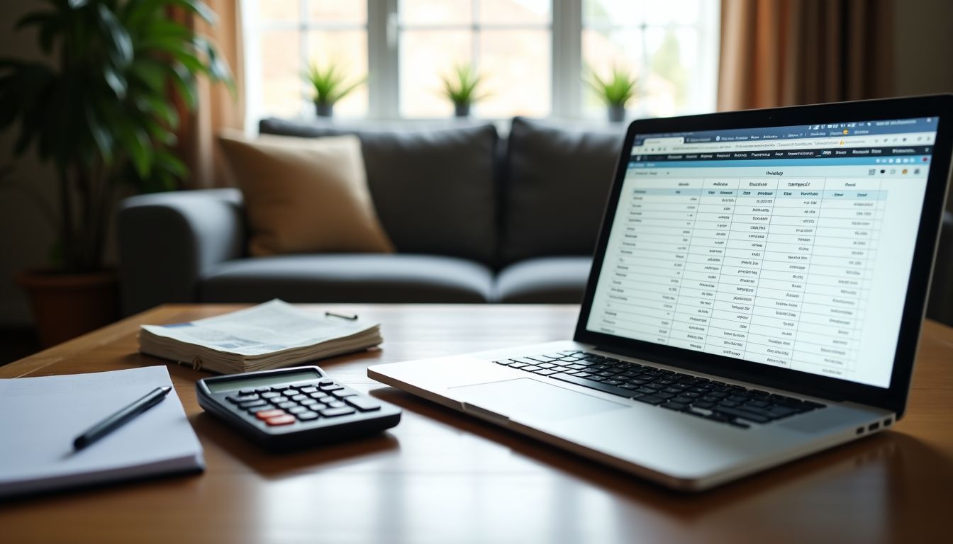 A home office desk with financial planning spreadsheet, bills, and cozy atmosphere.