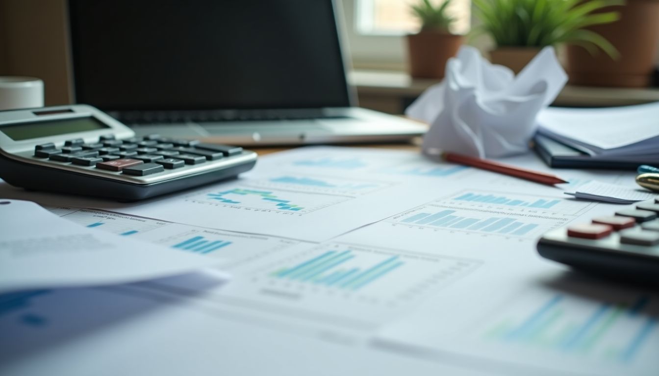 A cluttered desk with financial documents, crumpled papers, and a calculator.