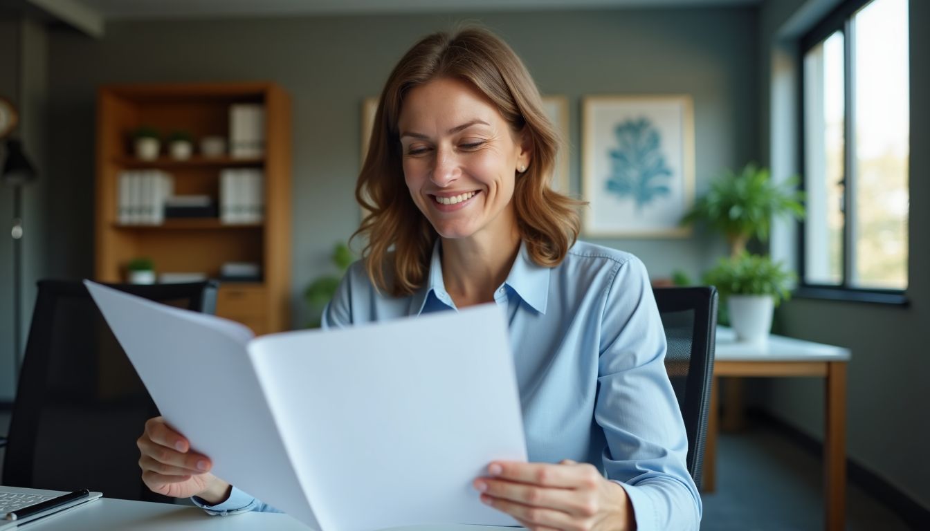 A woman in a modern office working on wealth management and insurance.