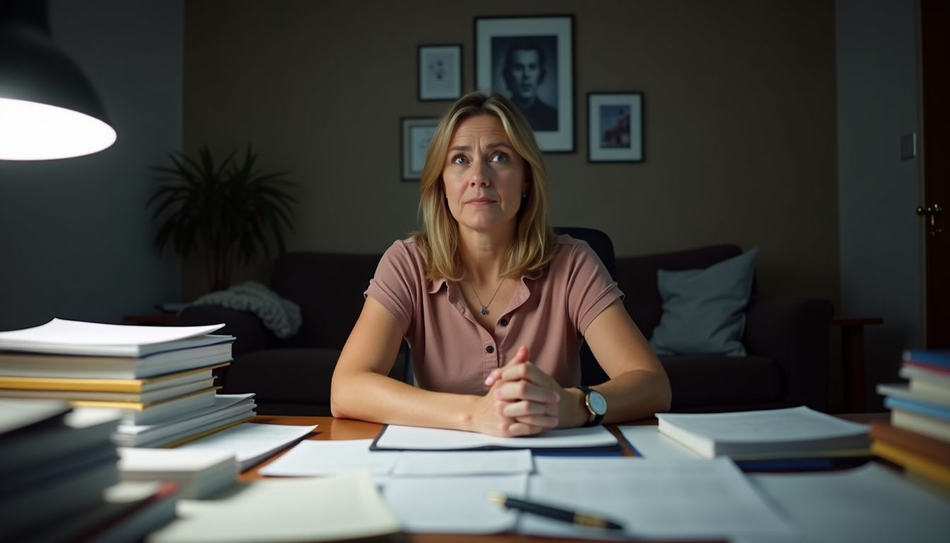 A stressed middle-aged woman sits at a cluttered desk with financial documents.