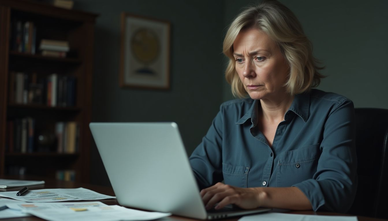 A woman looks worried at her declining investment portfolio on laptop.