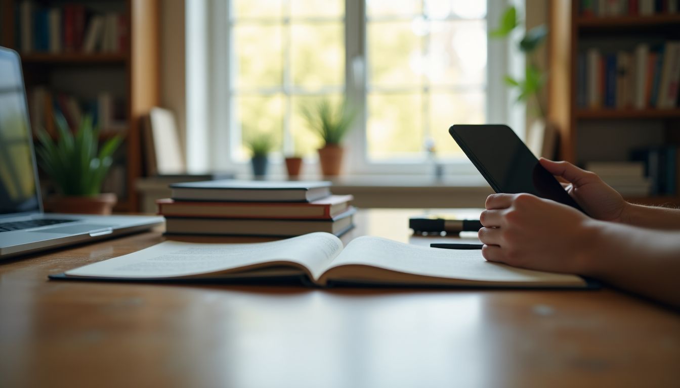 Financial literacy resources arranged on a cozy home office desk.