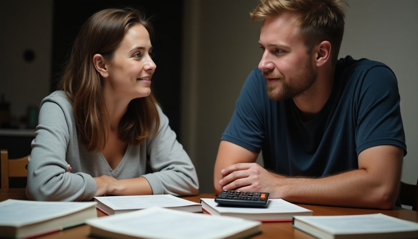 A couple in their 30s discussing early retirement with financial planning.