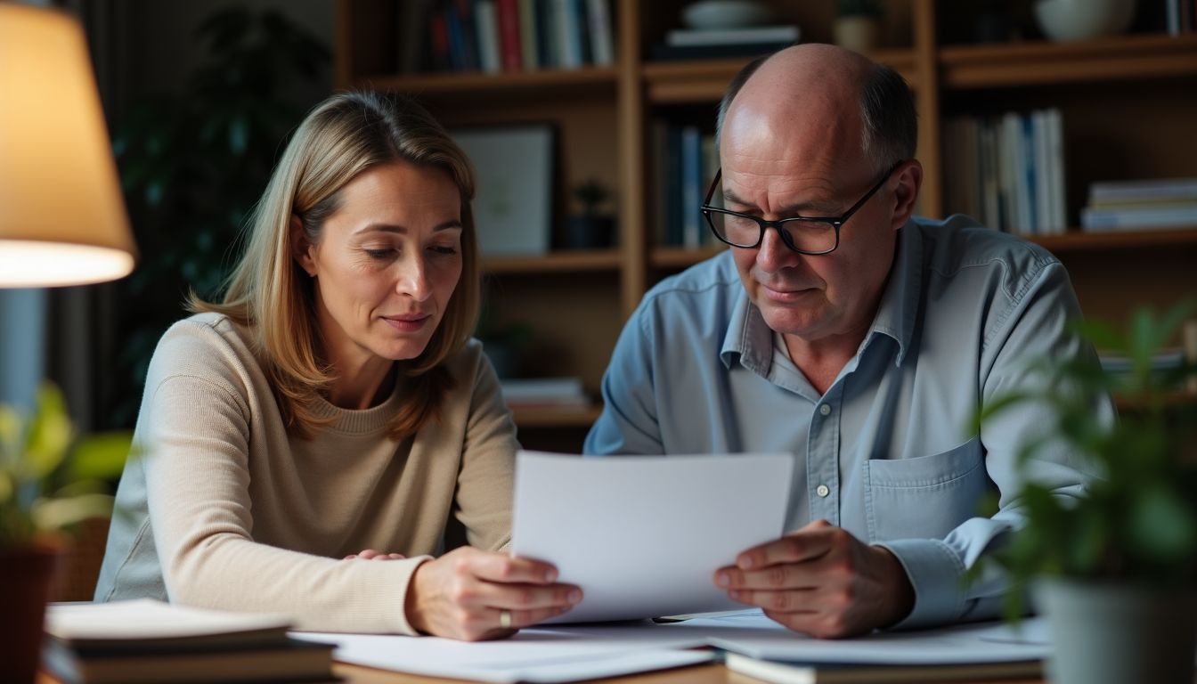 A couple managing financial and insurance paperwork in a cluttered home office.