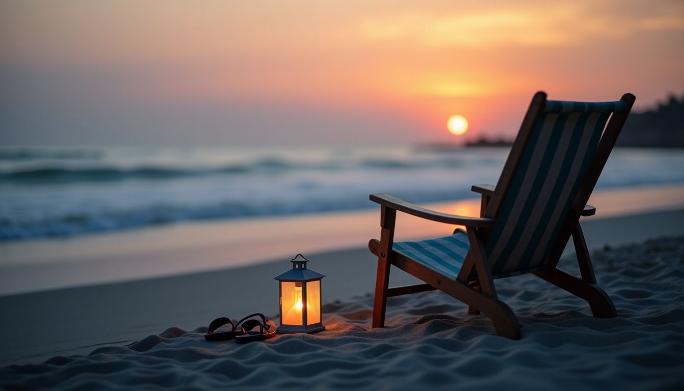 A peaceful beach at sunset with a lone beach chair and flip flops.