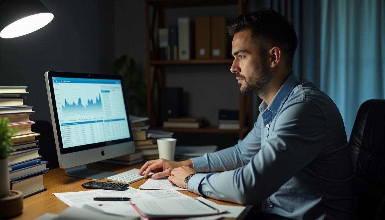 A person at a cluttered desk calculating retirement savings.