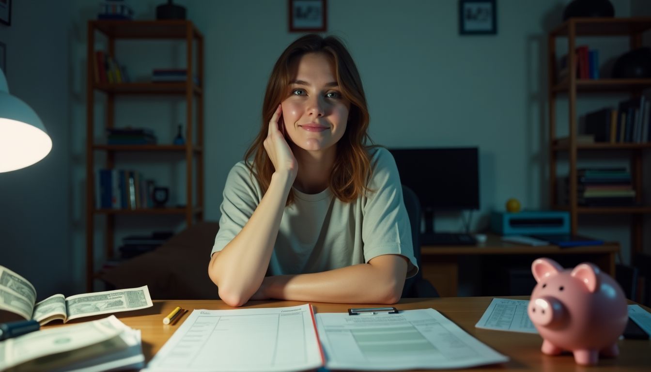 An adult managing finances at a cluttered desk with bills and spreadsheets.