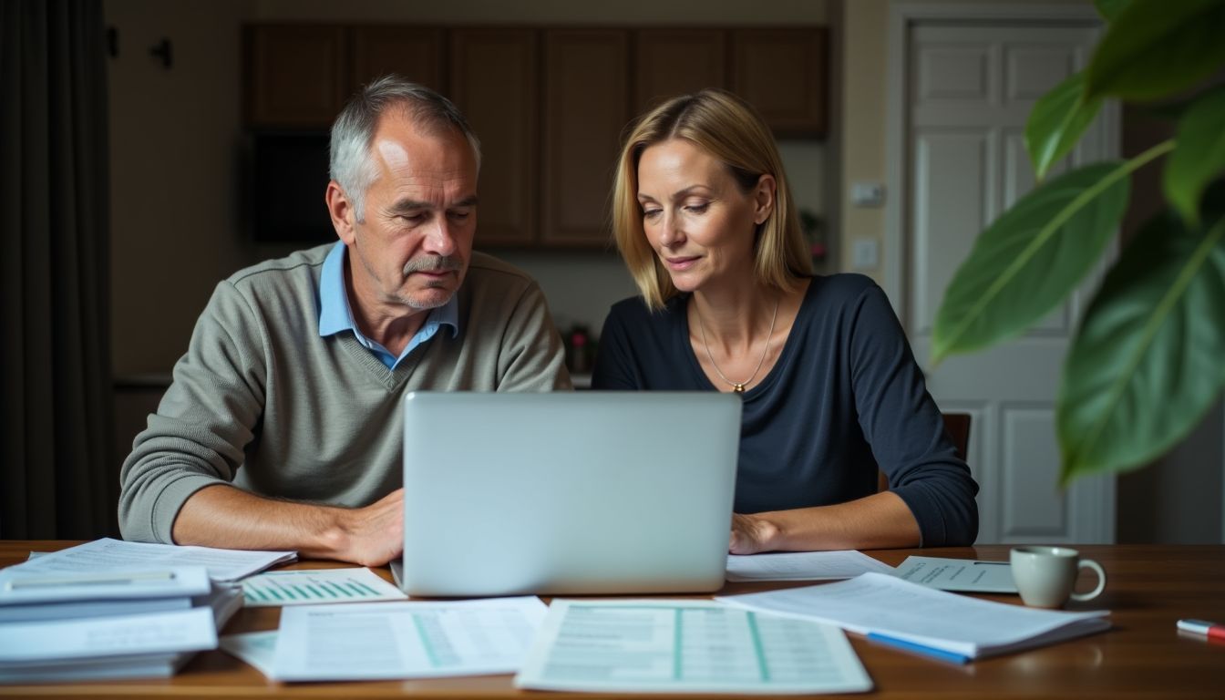 A middle-aged couple discussing financial planning at a cluttered dining table.