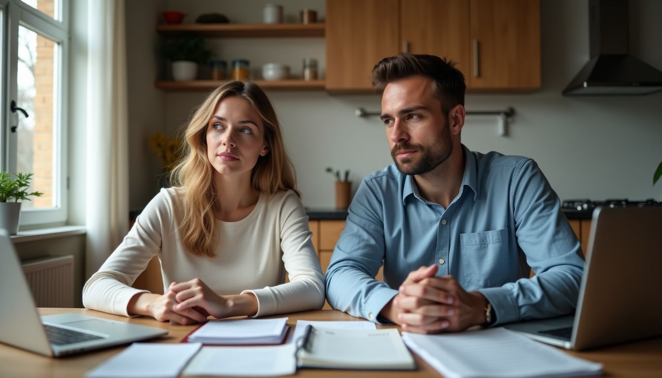 A couple in their mid-30s discussing budget and financial goals.